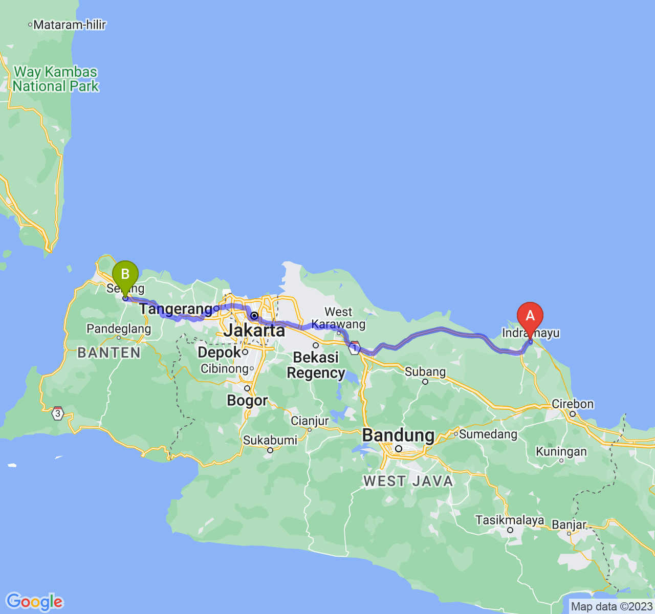 rute perjalanan Kab. Indramayu-Kota Serang