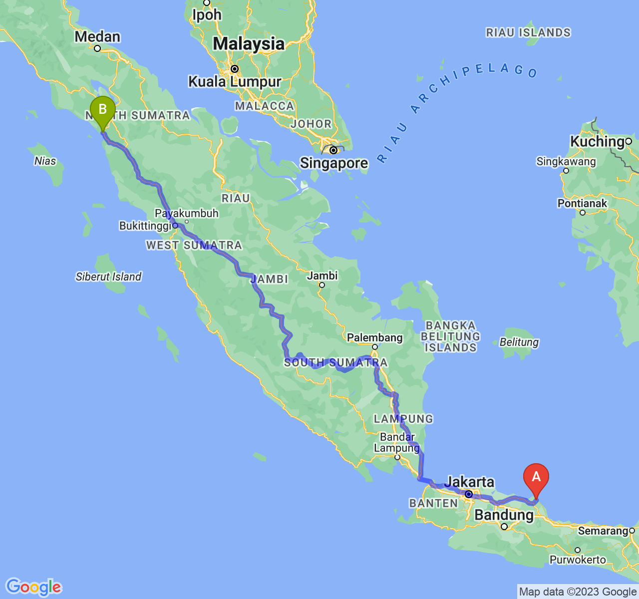 rute perjalanan Kab. Indramayu-Kota Sibolga