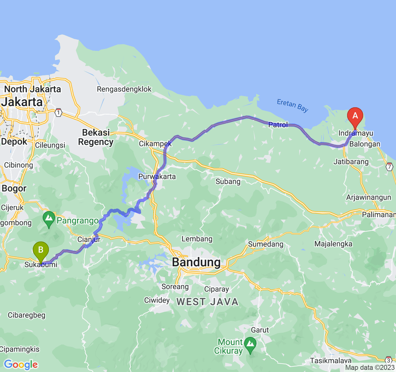 rute perjalanan Kab. Indramayu-Kota Sukabumi