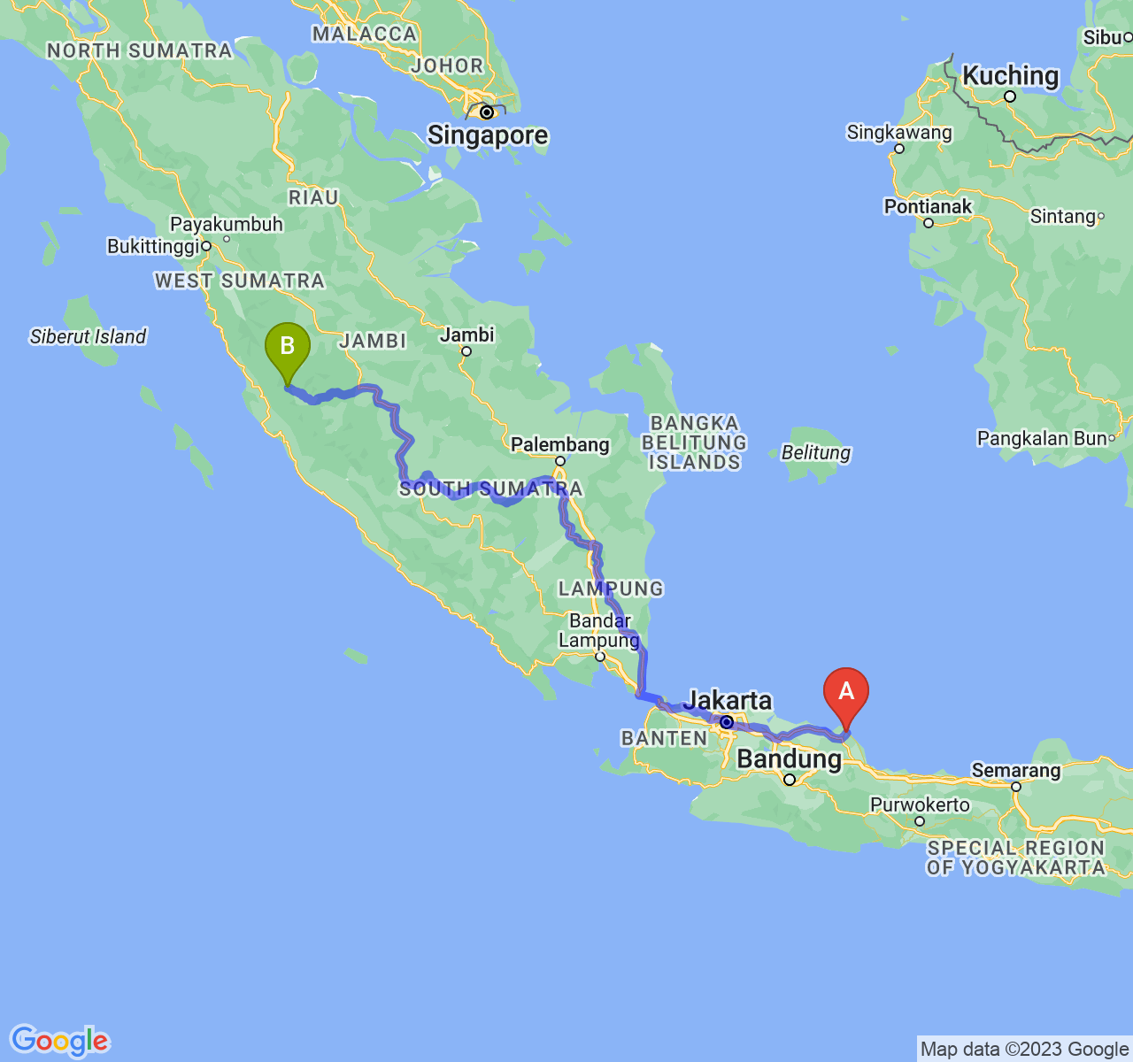 rute perjalanan Kab. Indramayu-Kota Sungai Penuh