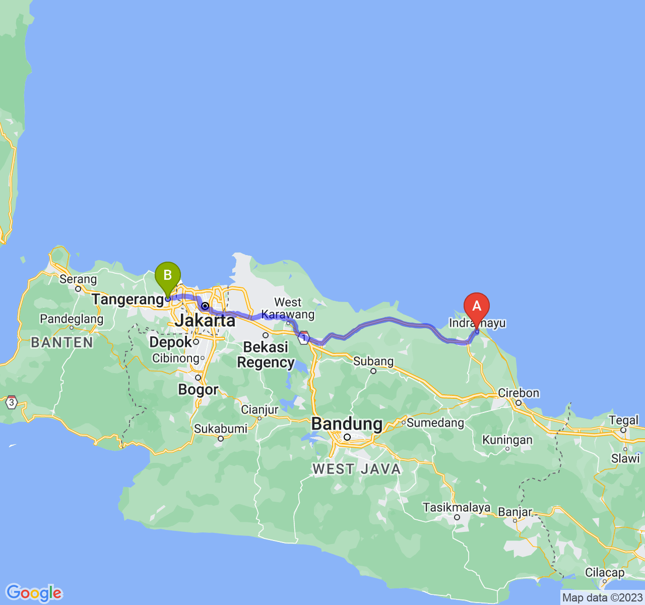 rute perjalanan Kab. Indramayu-Kota Tangerang