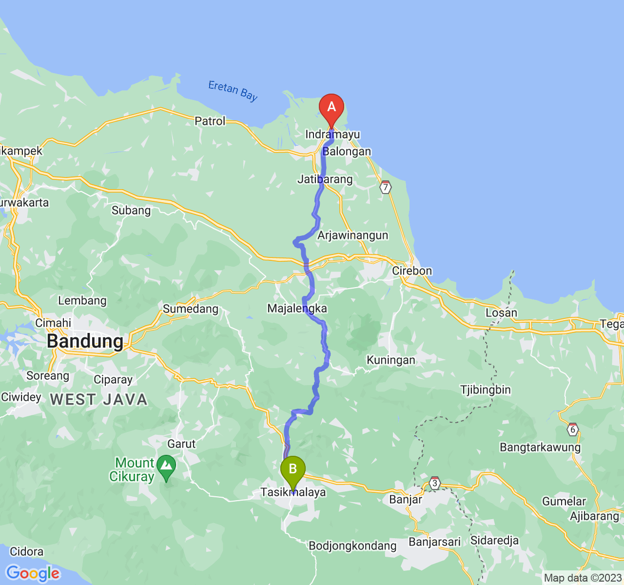 rute perjalanan Kab. Indramayu-Kota Tasikmalaya