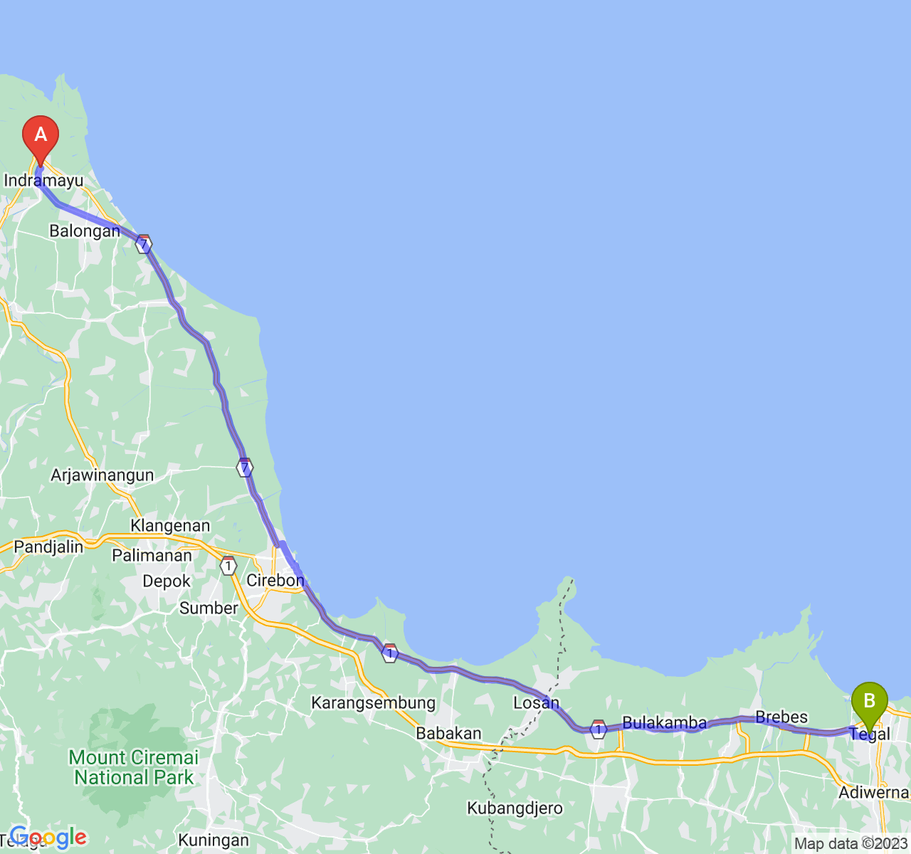 rute perjalanan Kab. Indramayu-Kota Tegal