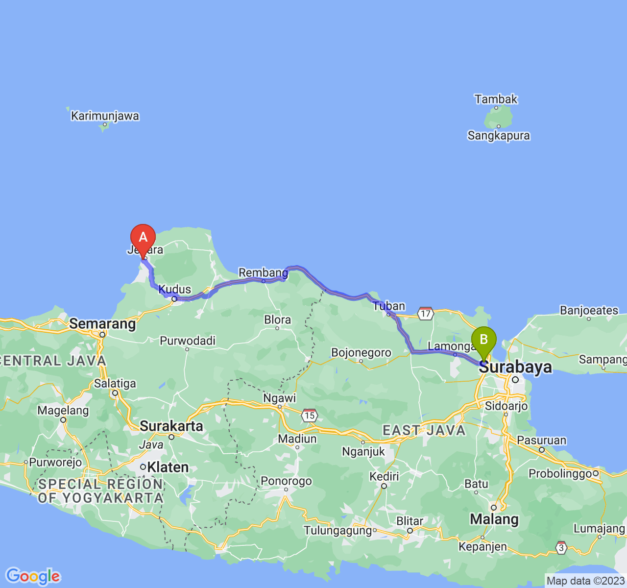 rute perjalanan Kab. Jepara-Kab. Gresik