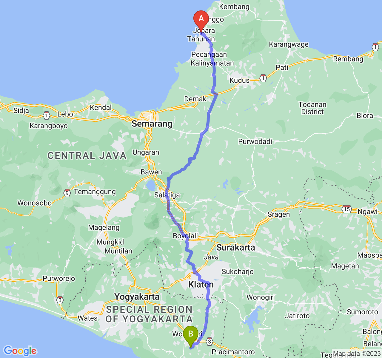 rute perjalanan Kab. Jepara-Kab. Gunung Kidul