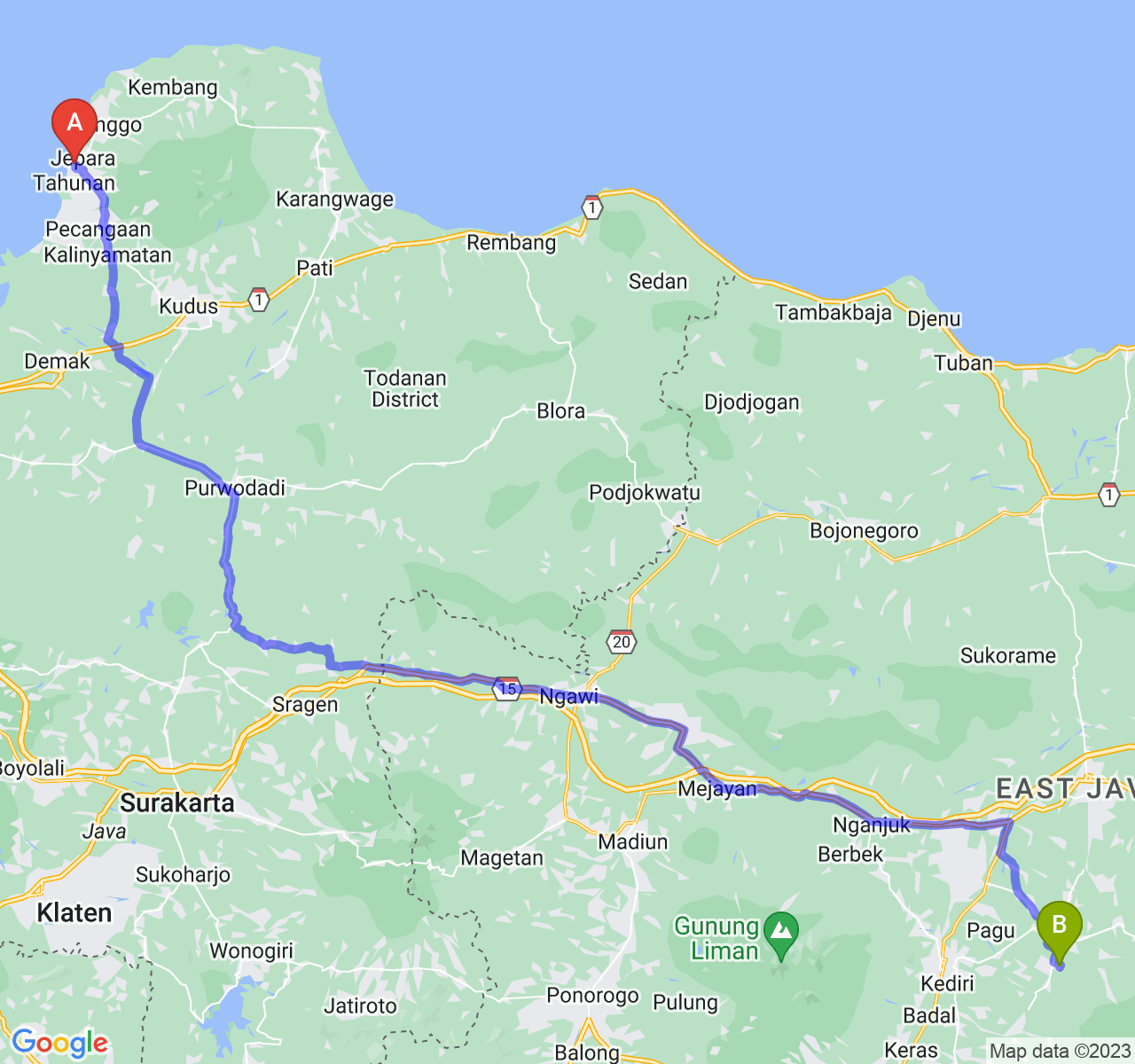 rute perjalanan Kab. Jepara-Kab. Kediri