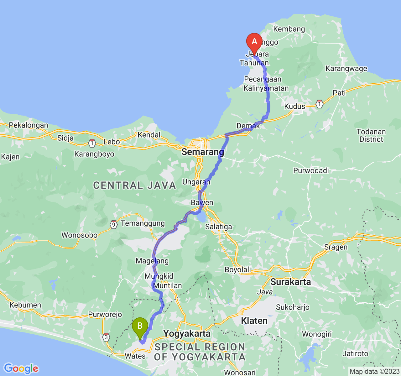 rute perjalanan Kab. Jepara-Kab. Kulon Progo