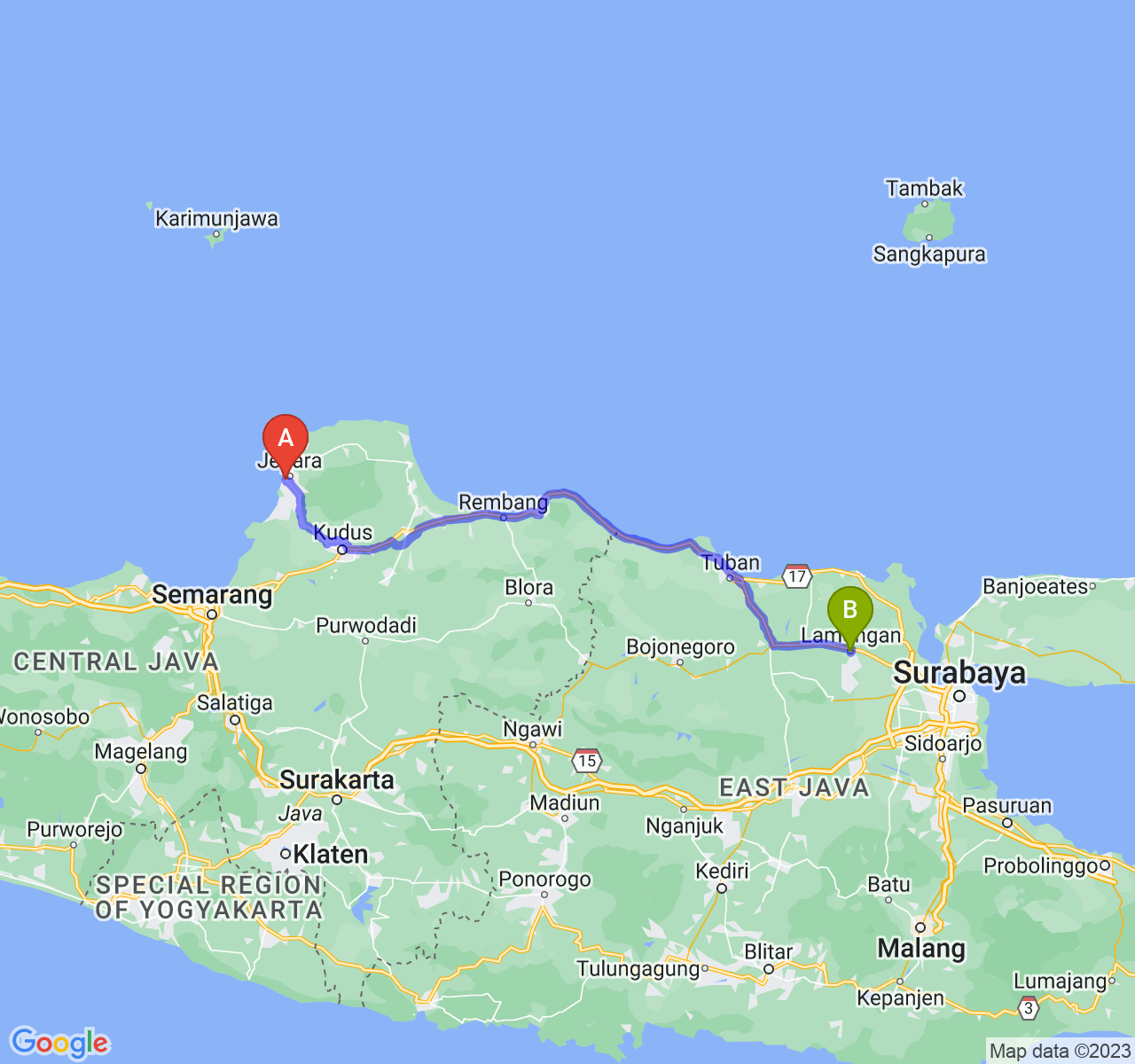 rute perjalanan Kab. Jepara-Kab. Lamongan