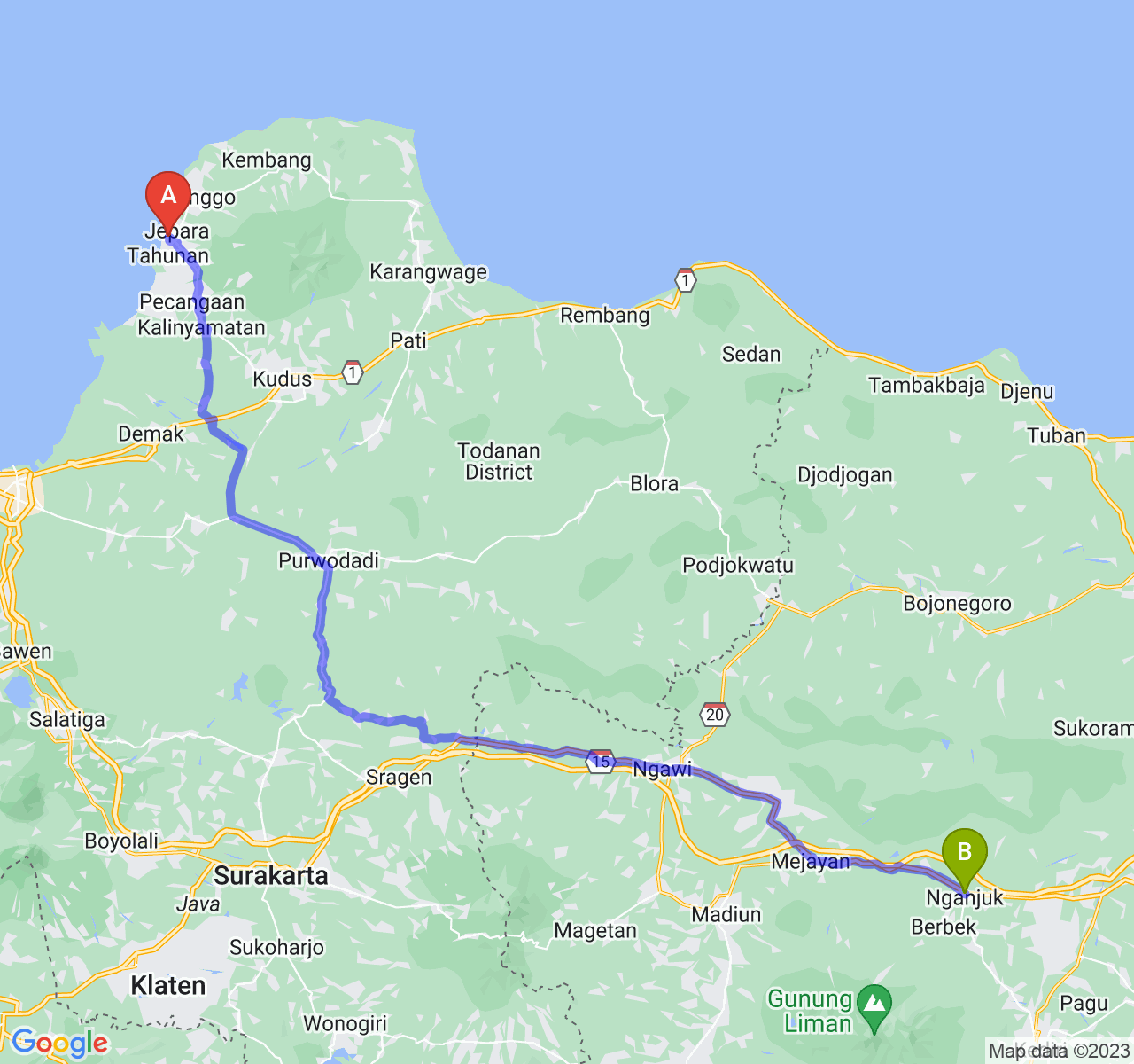 rute perjalanan Kab. Jepara-Kab. Nganjuk