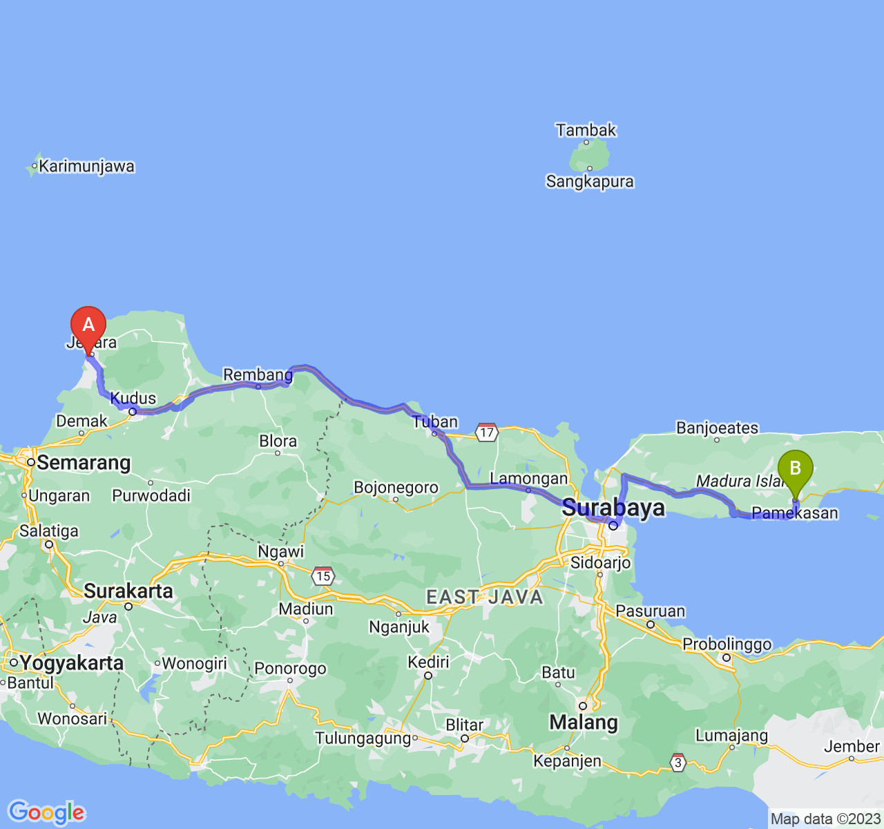 rute perjalanan Kab. Jepara-Kab. Pamekasan