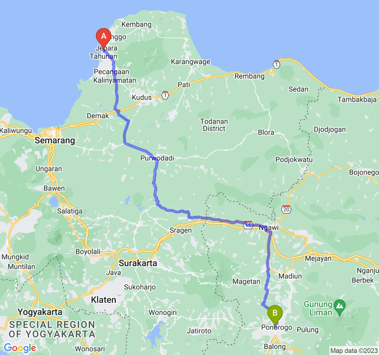 rute perjalanan Kab. Jepara-Kab. Ponorogo