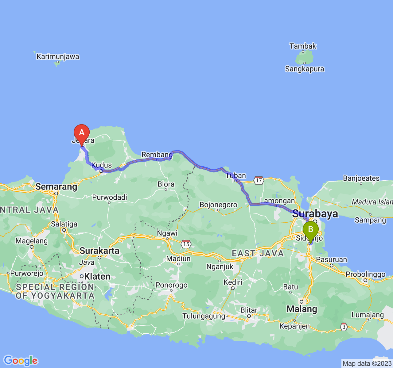 rute perjalanan Kab. Jepara-Kab. Sidoarjo