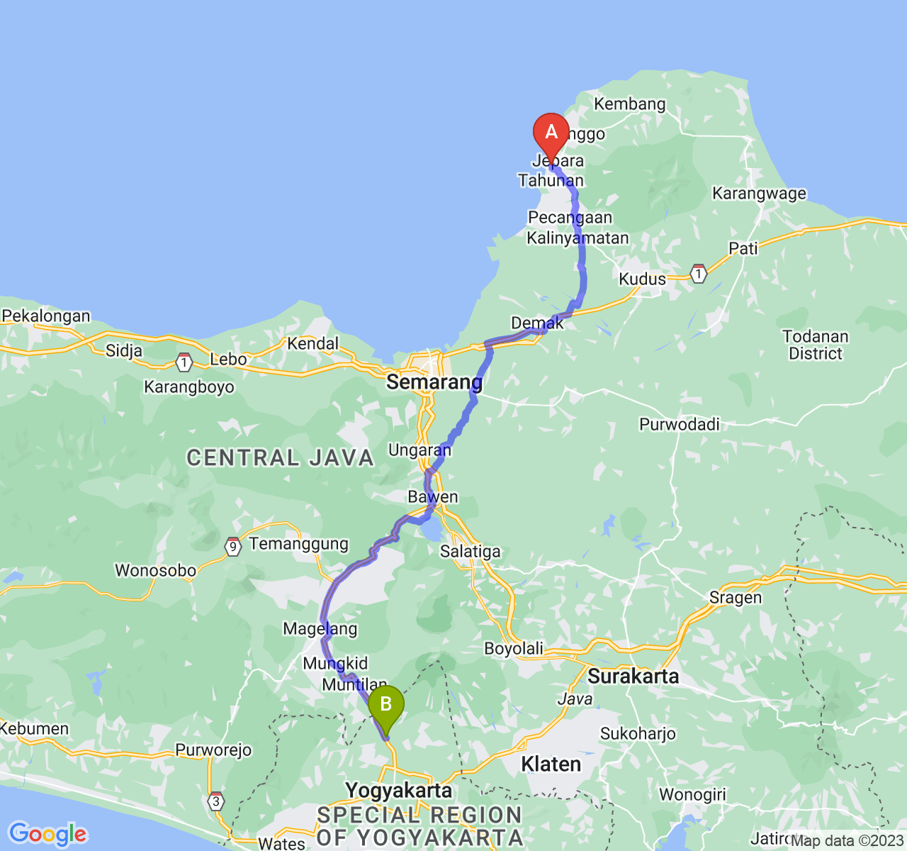 rute perjalanan Kab. Jepara-Kab. Sleman