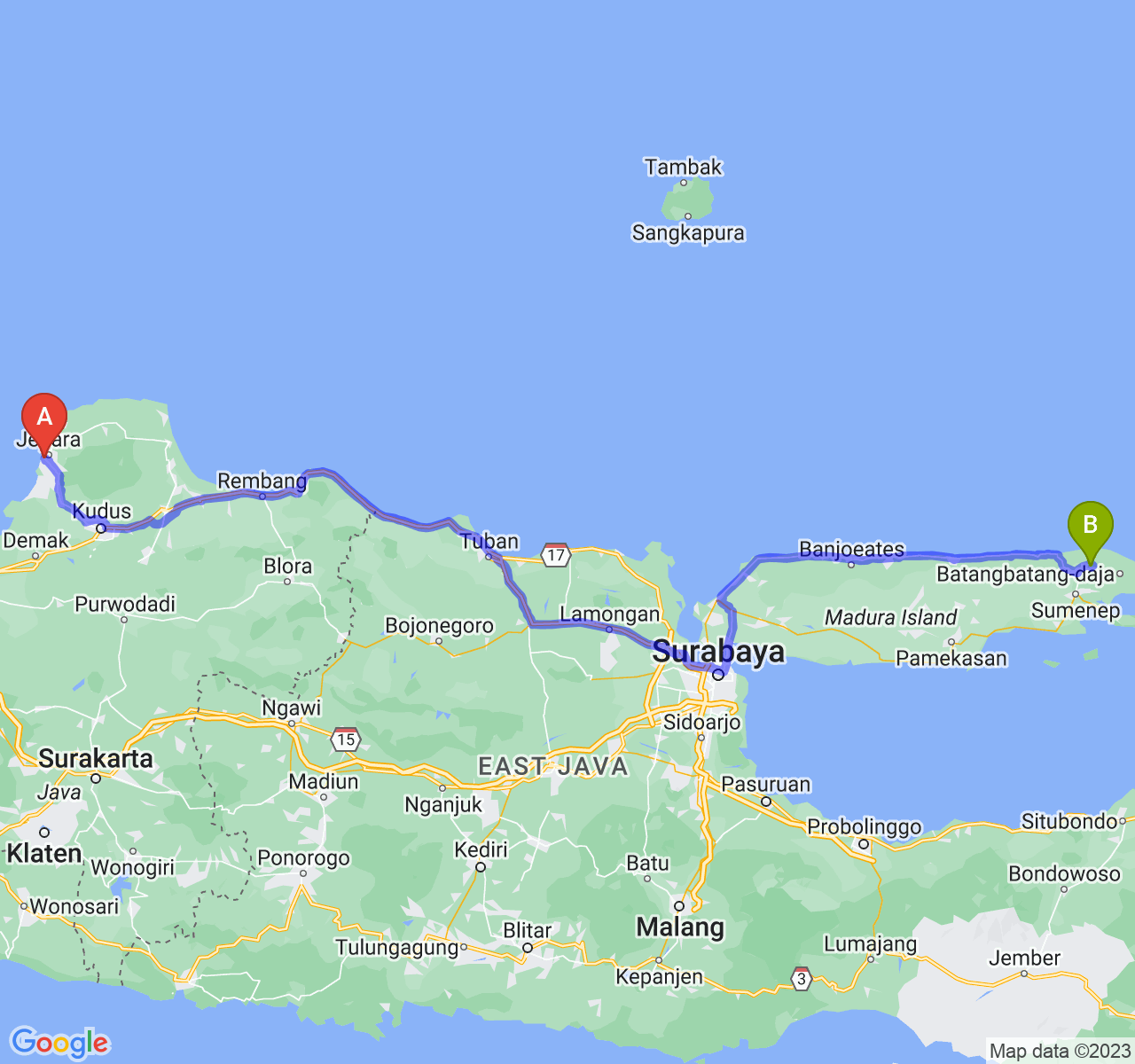 rute perjalanan Kab. Jepara-Kab. Sumenep