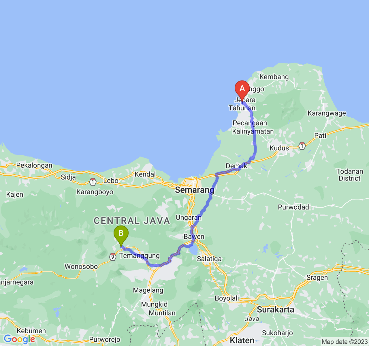 rute perjalanan Kab. Jepara-Kab. Temanggung