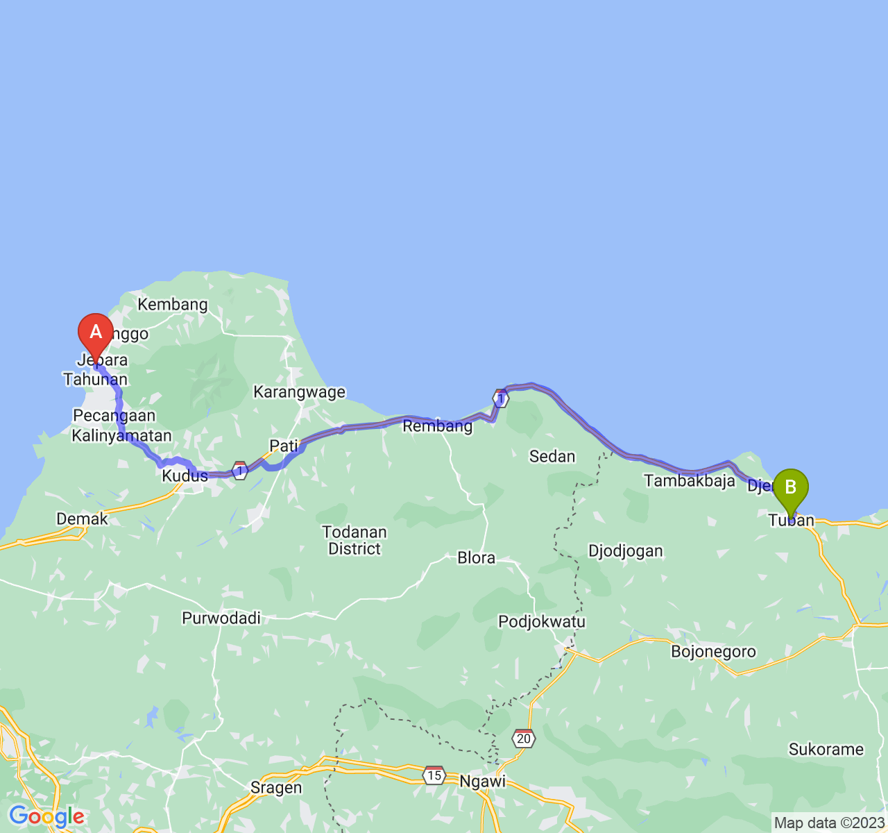 rute perjalanan Kab. Jepara-Kab. Tuban