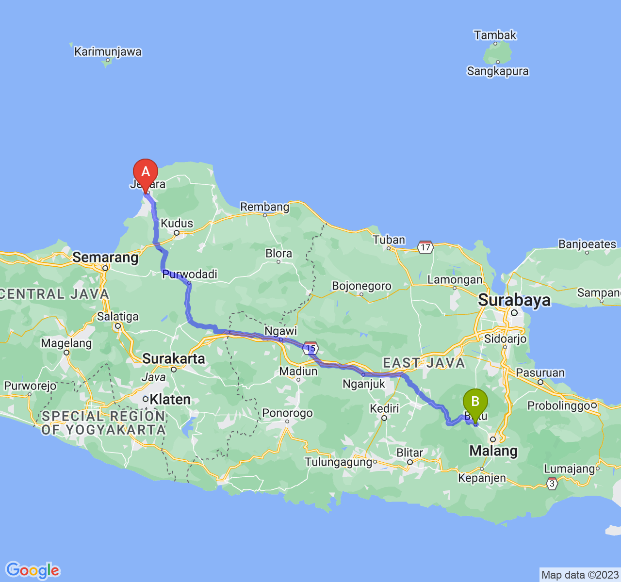 rute perjalanan Kab. Jepara-Kota Batu