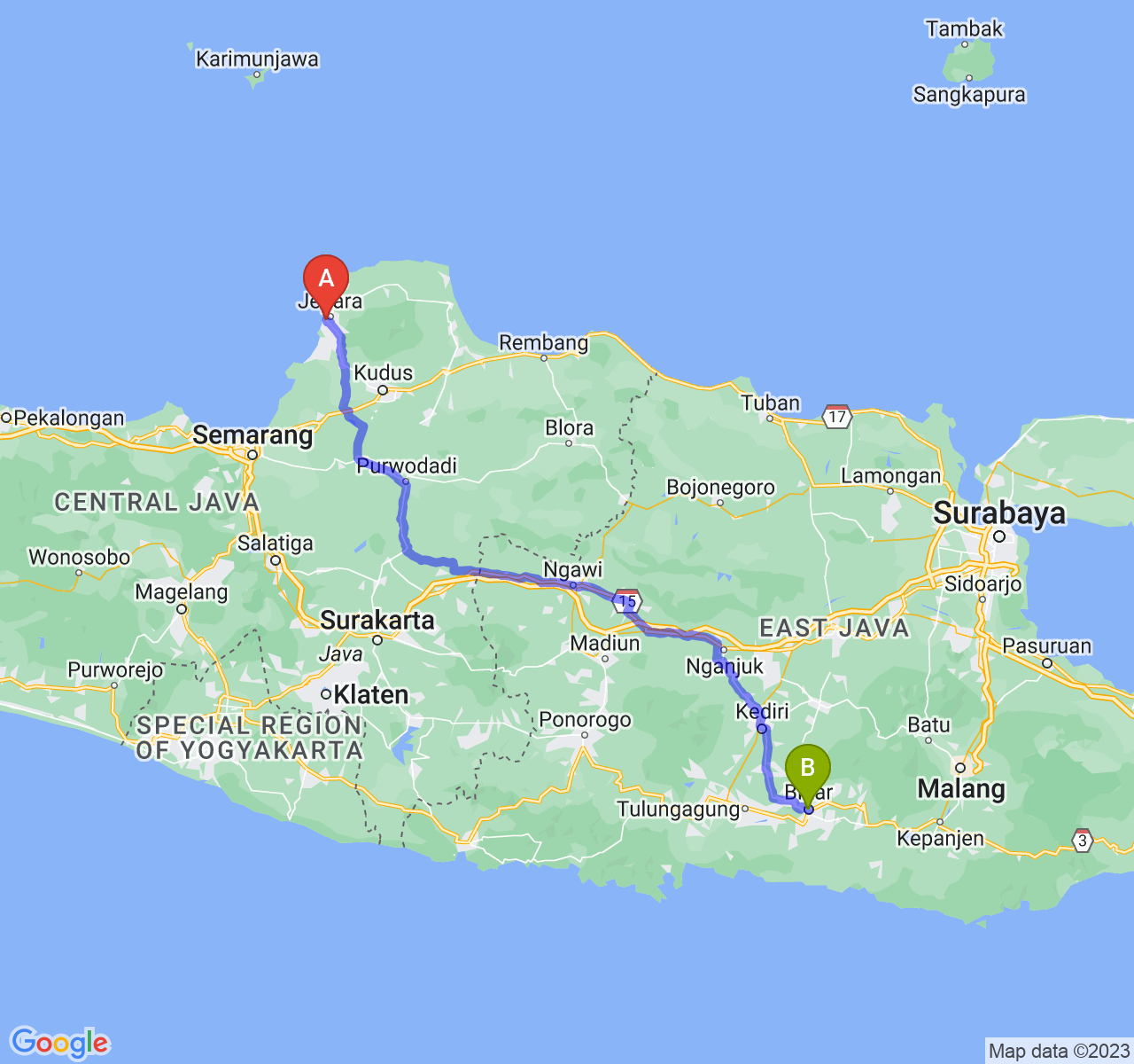 rute perjalanan Kab. Jepara-Kota Blitar