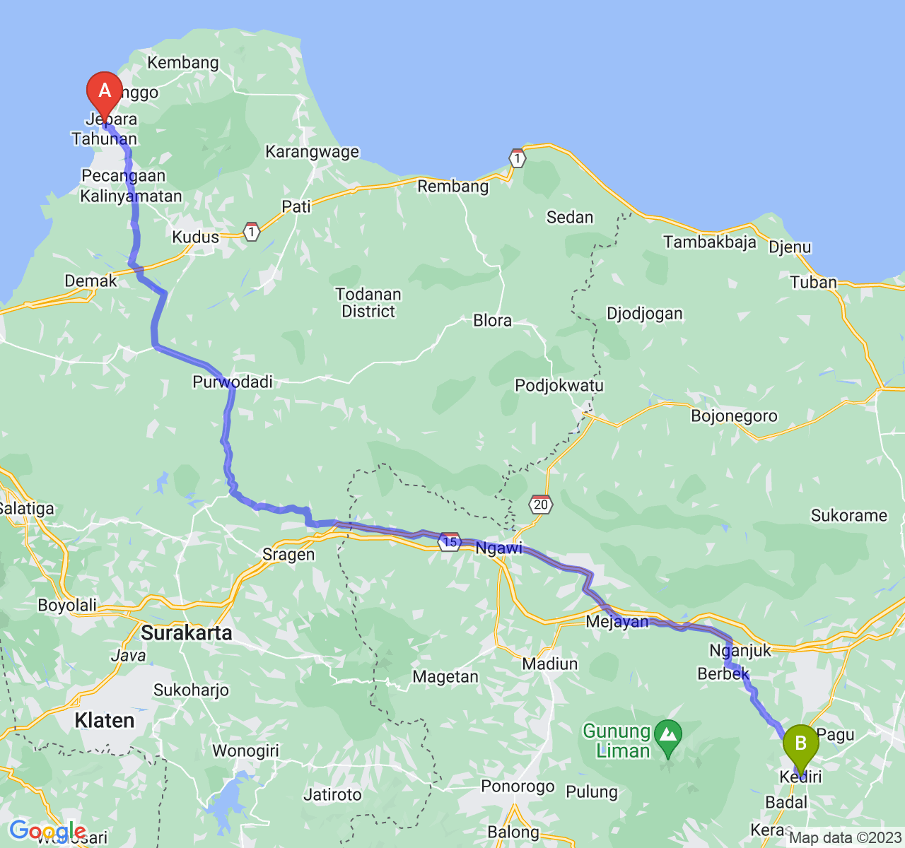 rute perjalanan Kab. Jepara-Kota Kediri