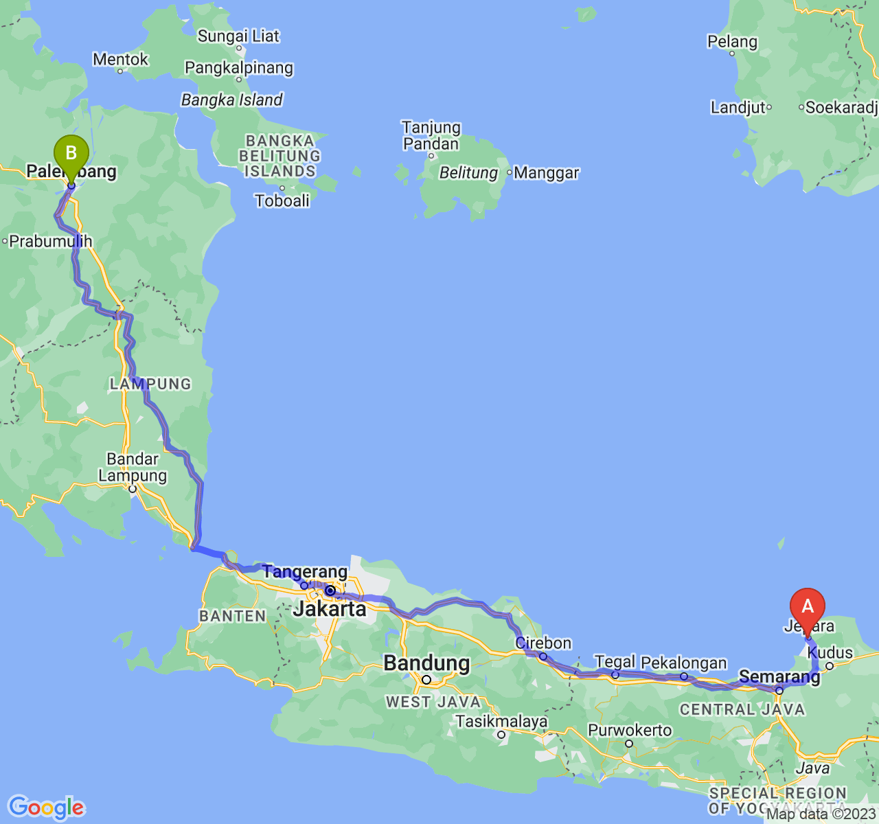 rute perjalanan Kab. Jepara-Kota Palembang