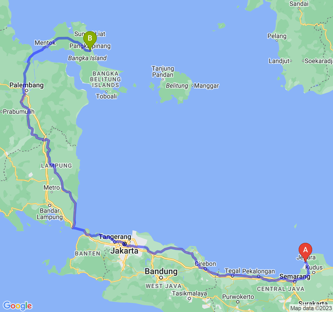 rute perjalanan Kab. Jepara-Kota Pangkalpinang