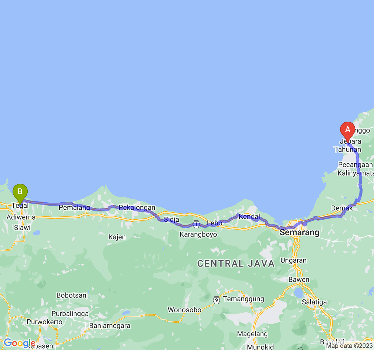 rute perjalanan Kab. Jepara-Kota Tegal