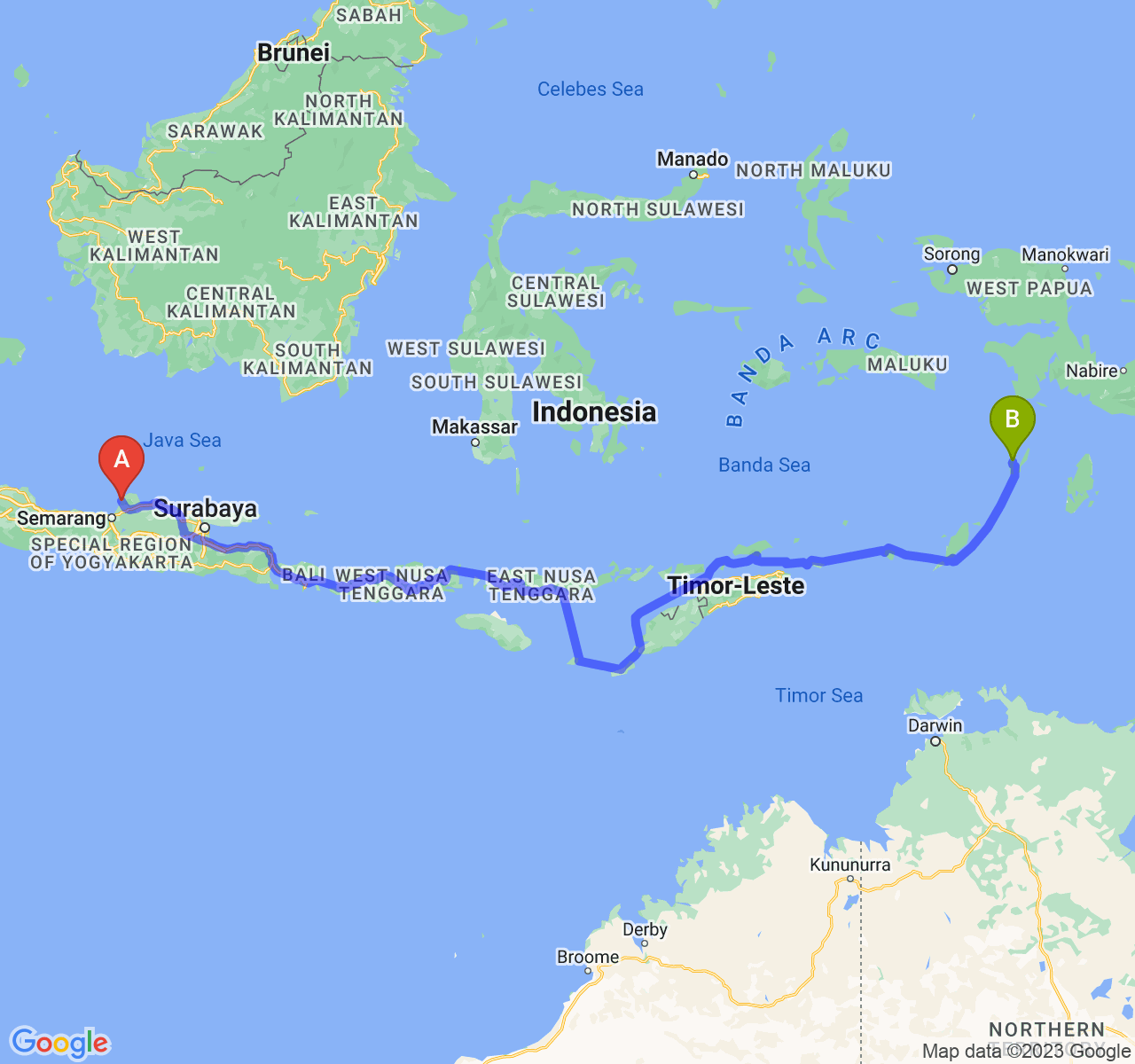 rute perjalanan Kab. Jepara-Kota Tual