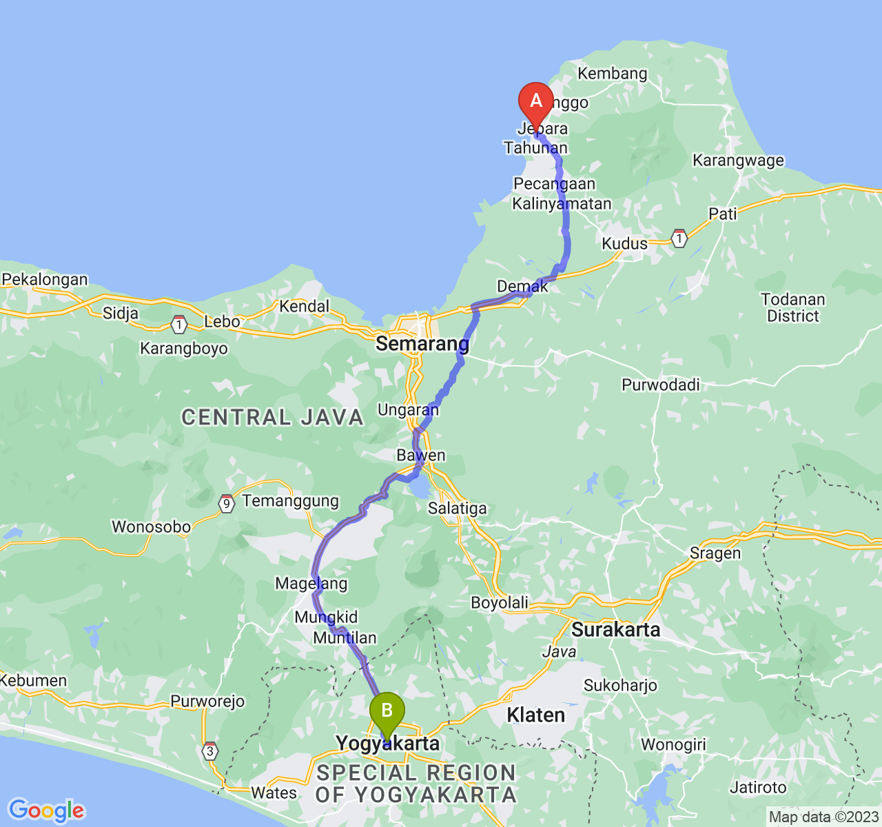 rute perjalanan Kab. Jepara-Kota Yogyakarta