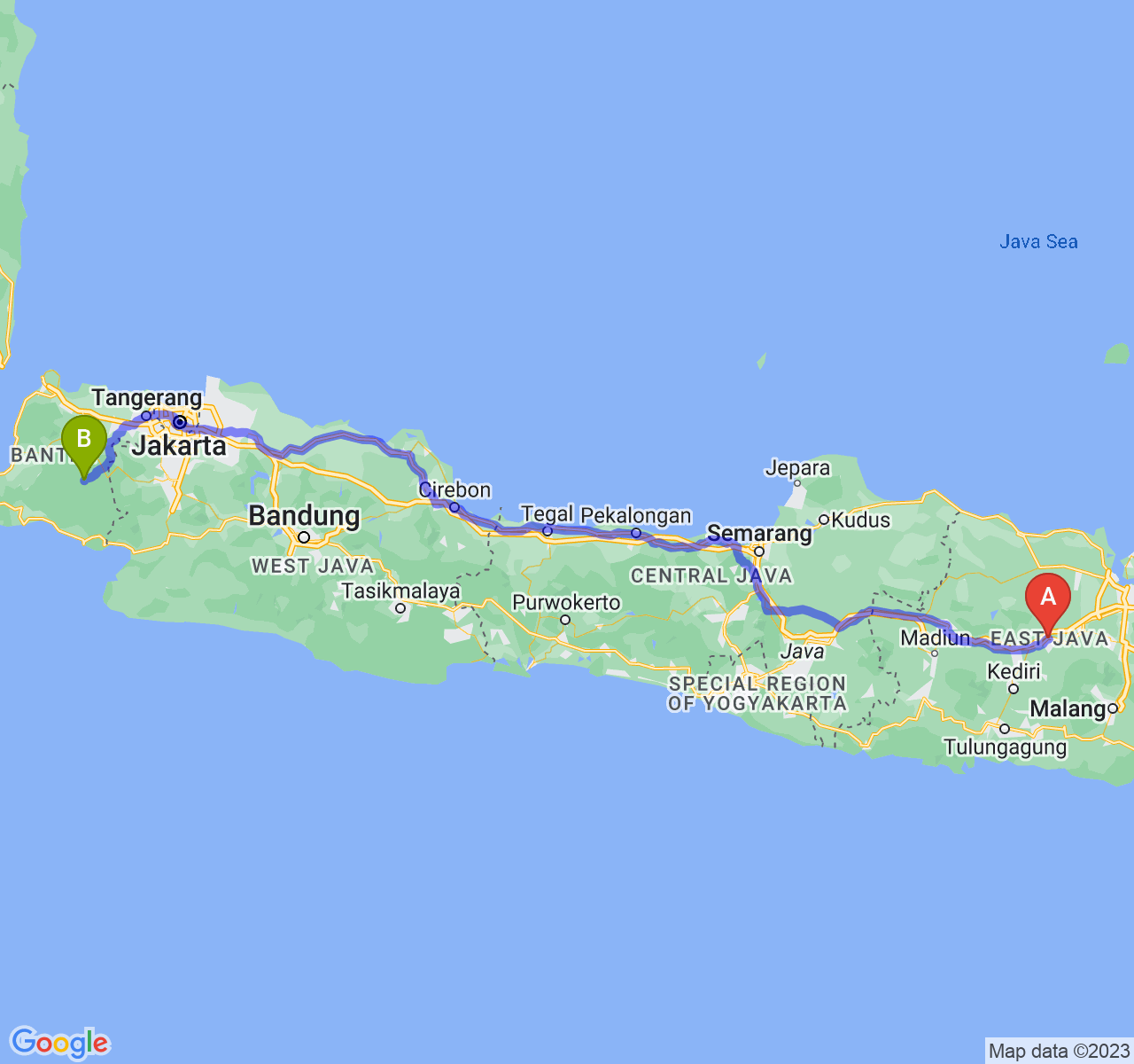 rute perjalanan Kab. Jombang-Kab. Lebak