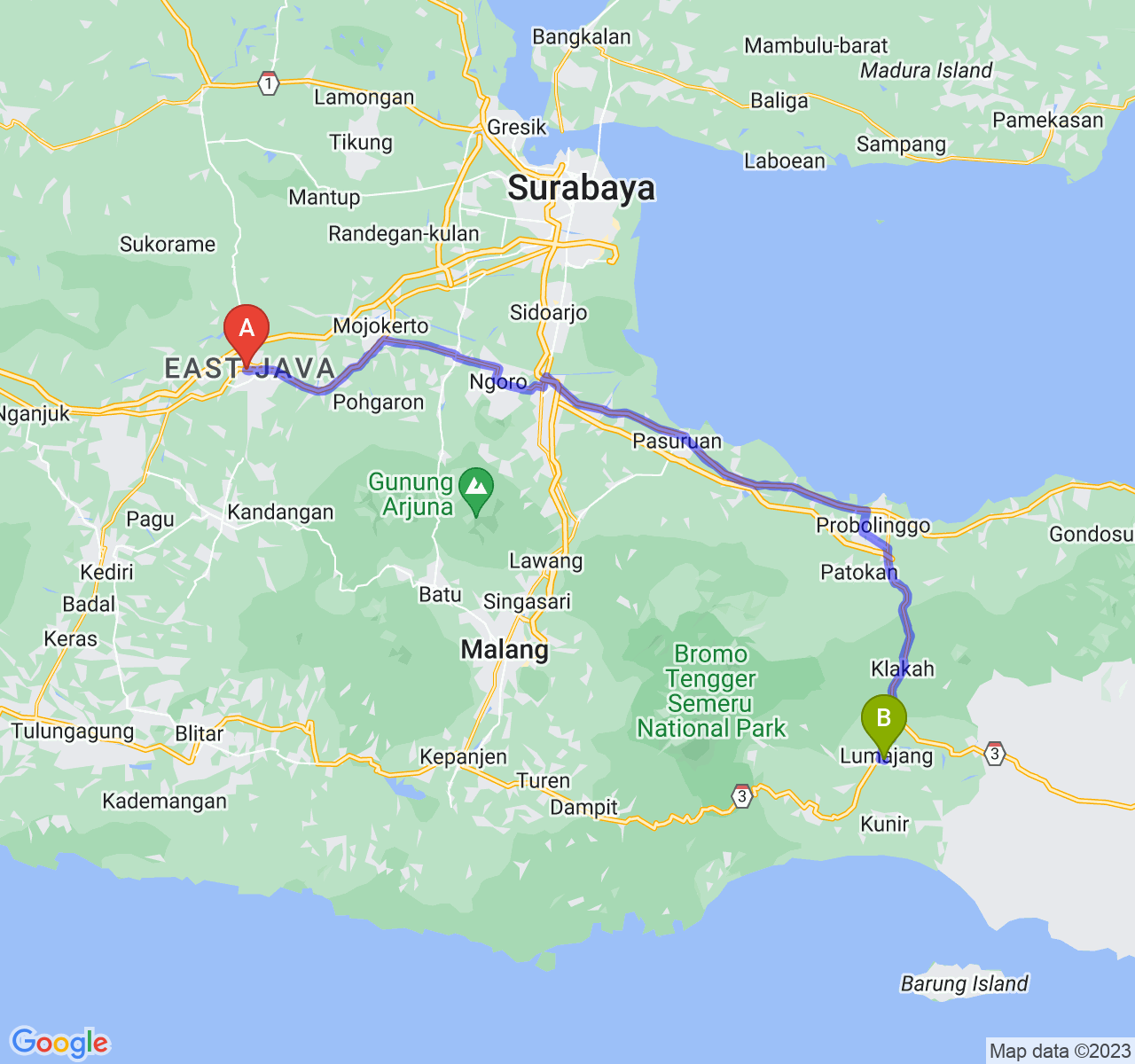 rute perjalanan Kab. Jombang-Kab. Lumajang