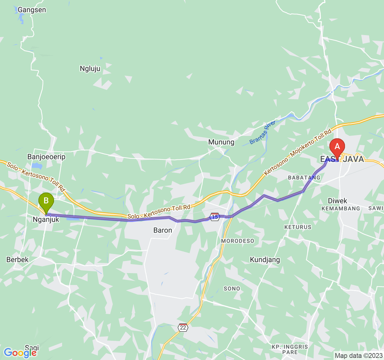 rute perjalanan Kab. Jombang-Kab. Nganjuk