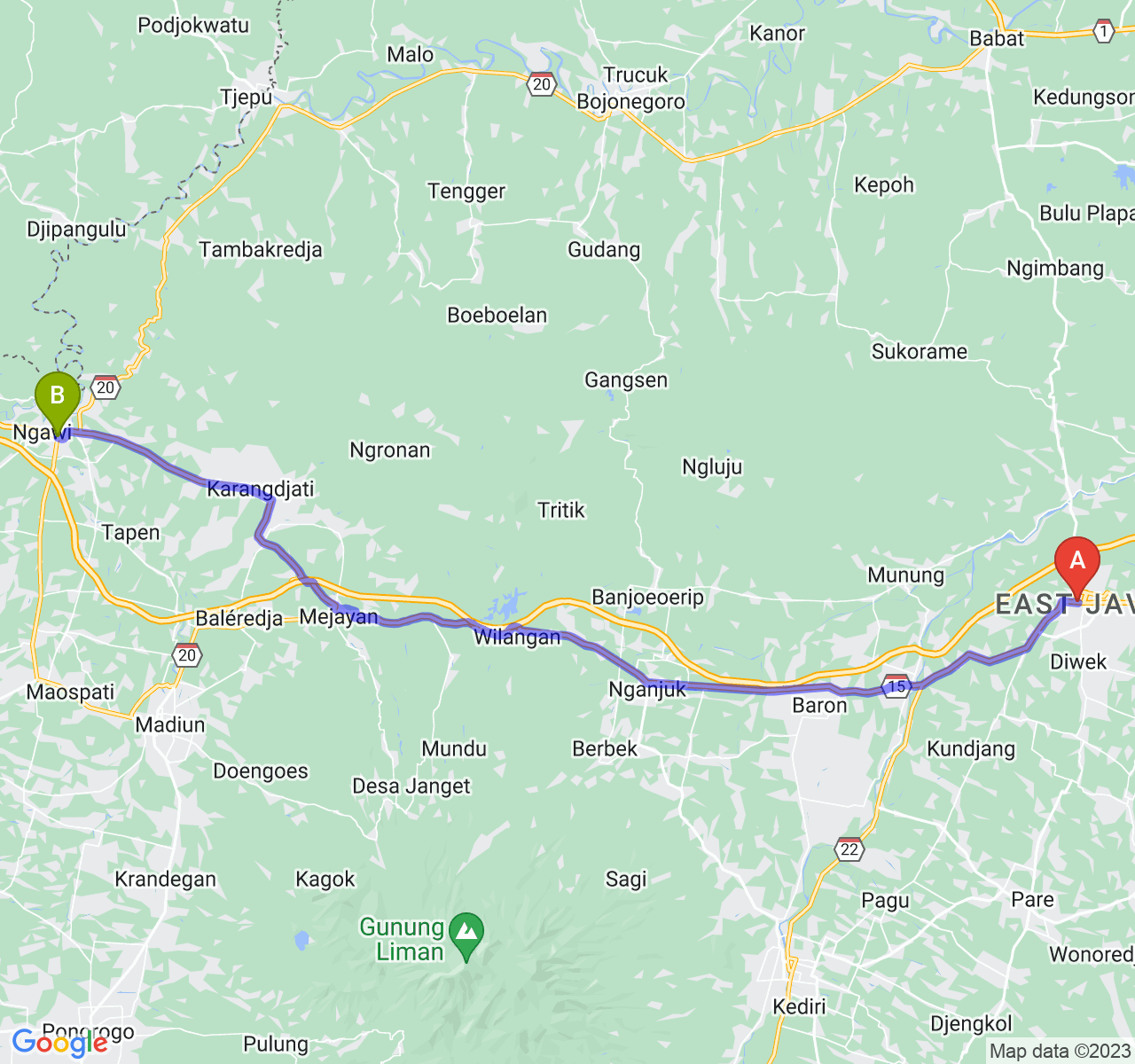 rute perjalanan Kab. Jombang-Kab. Ngawi