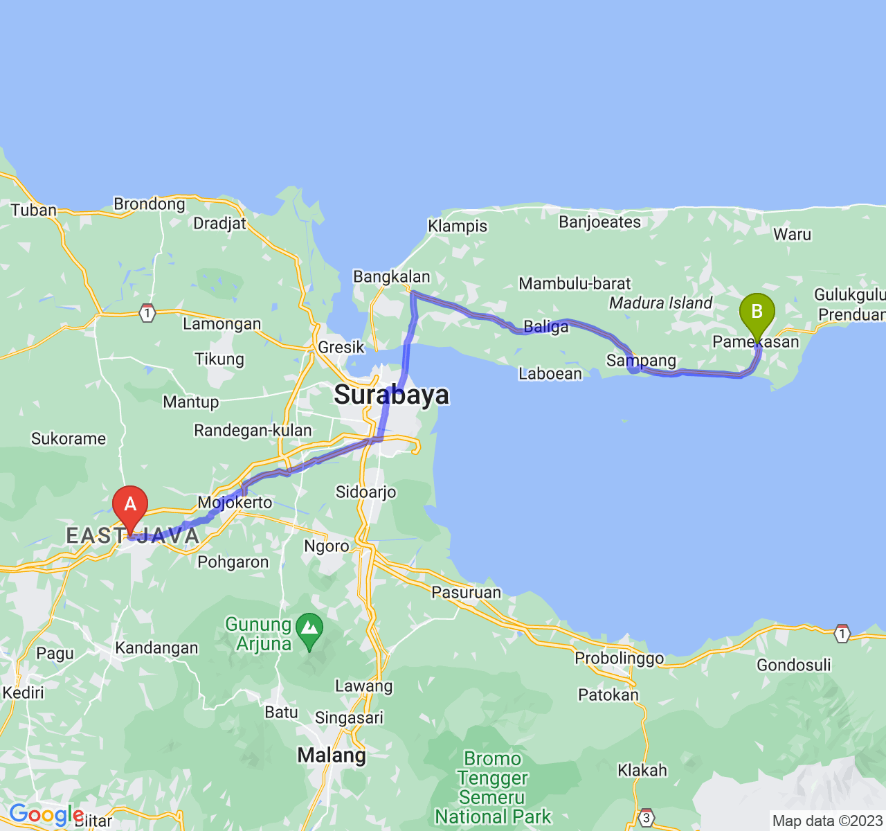 rute perjalanan Kab. Jombang-Kab. Pamekasan