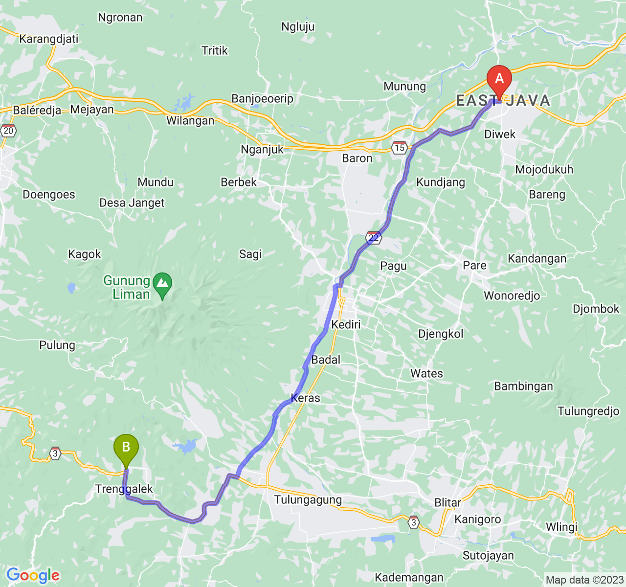 rute perjalanan Kab. Jombang-Kab. Trenggalek