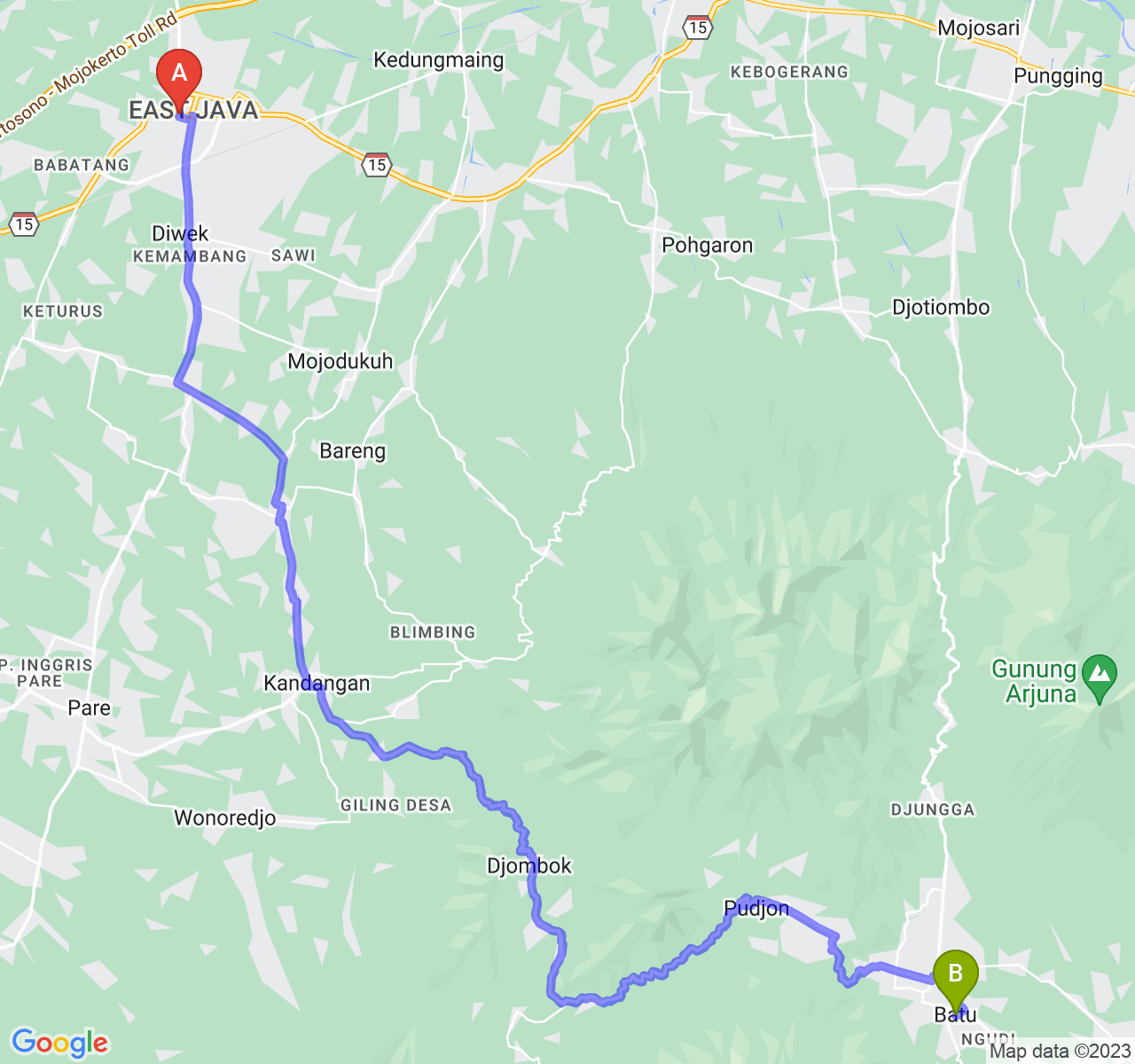 rute perjalanan Kab. Jombang-Kota Batu