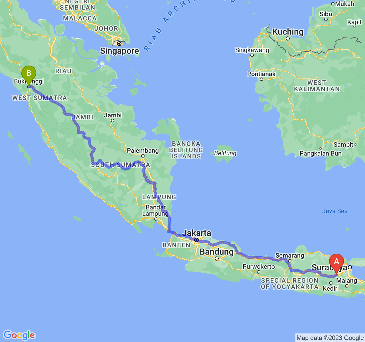 rute perjalanan Kab. Jombang-Kota Bukittinggi