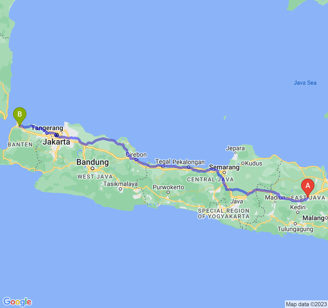 rute perjalanan Kab. Jombang-Kota Cilegon