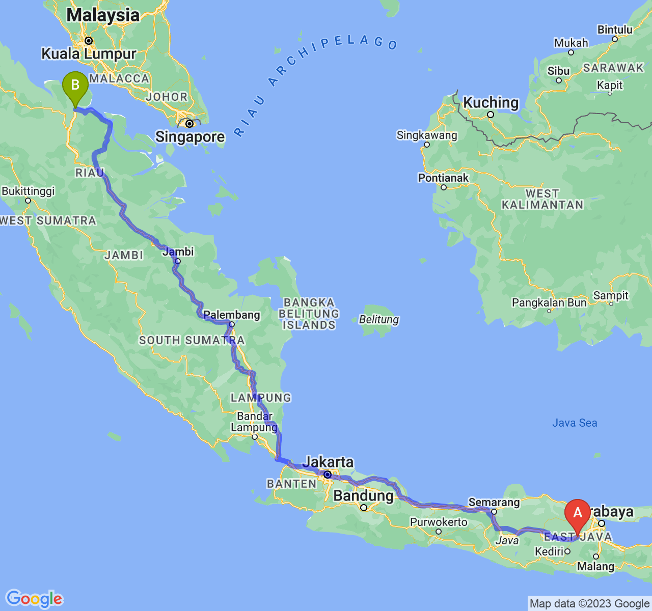 rute perjalanan Kab. Jombang-Kota Dumai