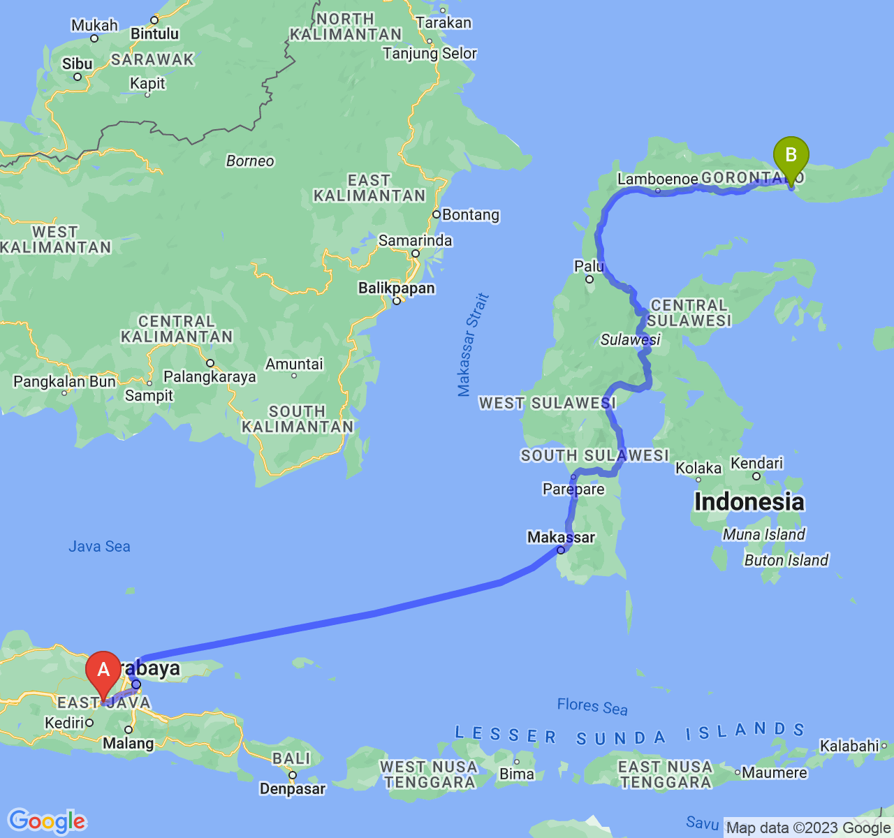 rute perjalanan Kab. Jombang-Kota Gorontalo