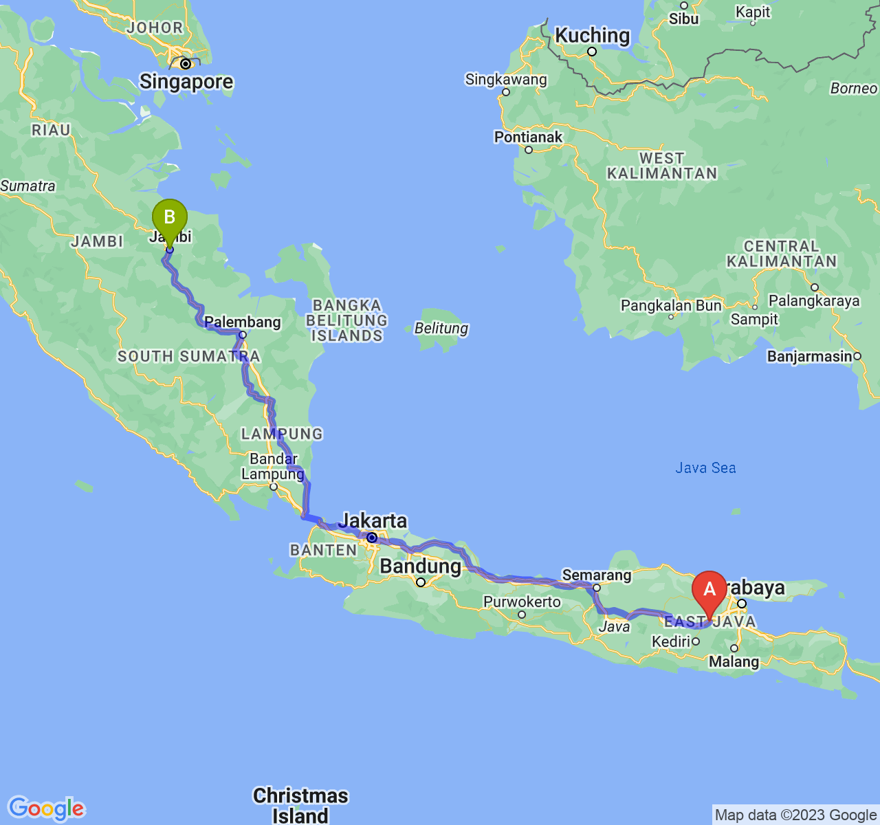 rute perjalanan Kab. Jombang-Kota Jambi