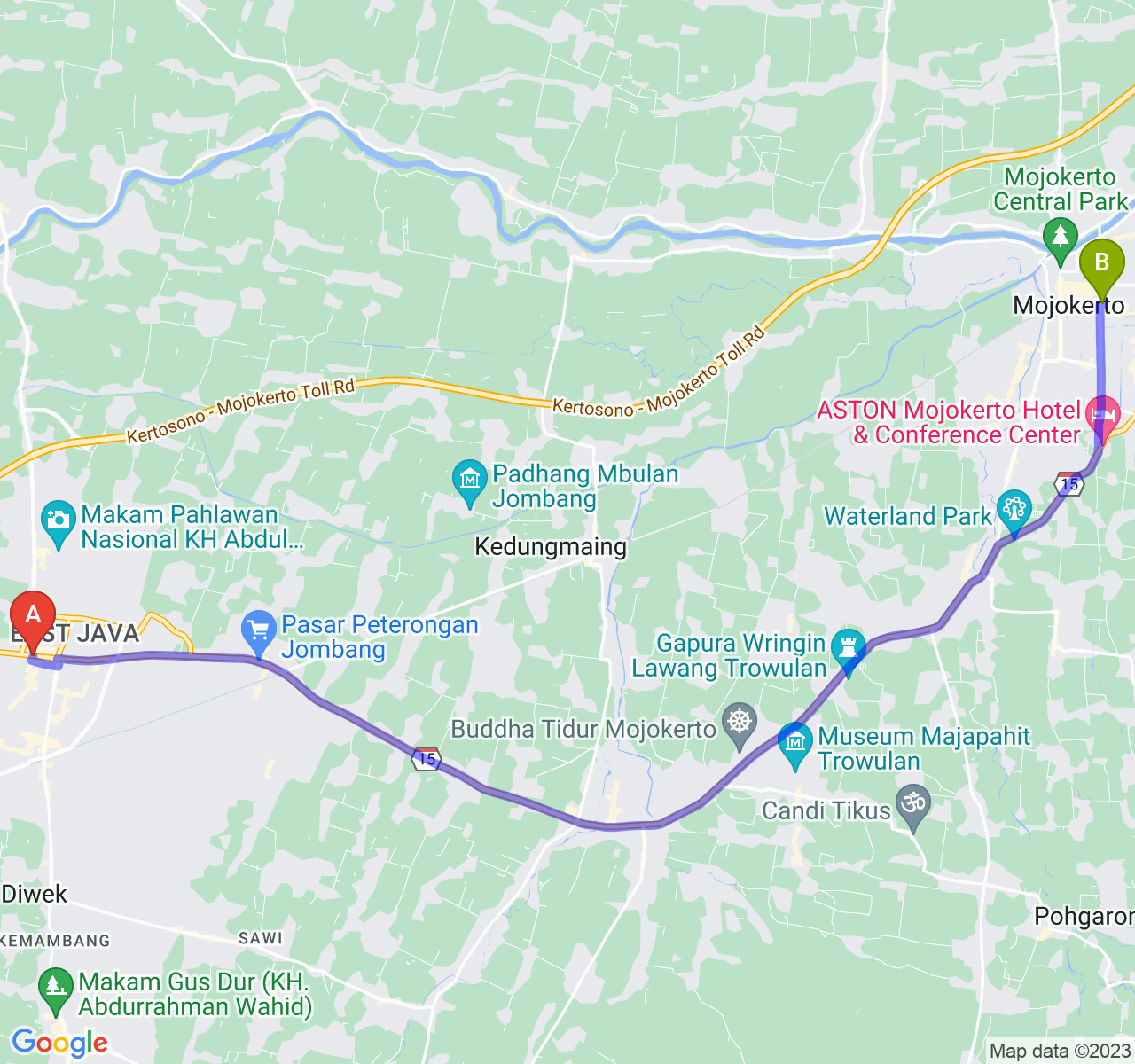 rute perjalanan Kab. Jombang-Kota Mojokerto