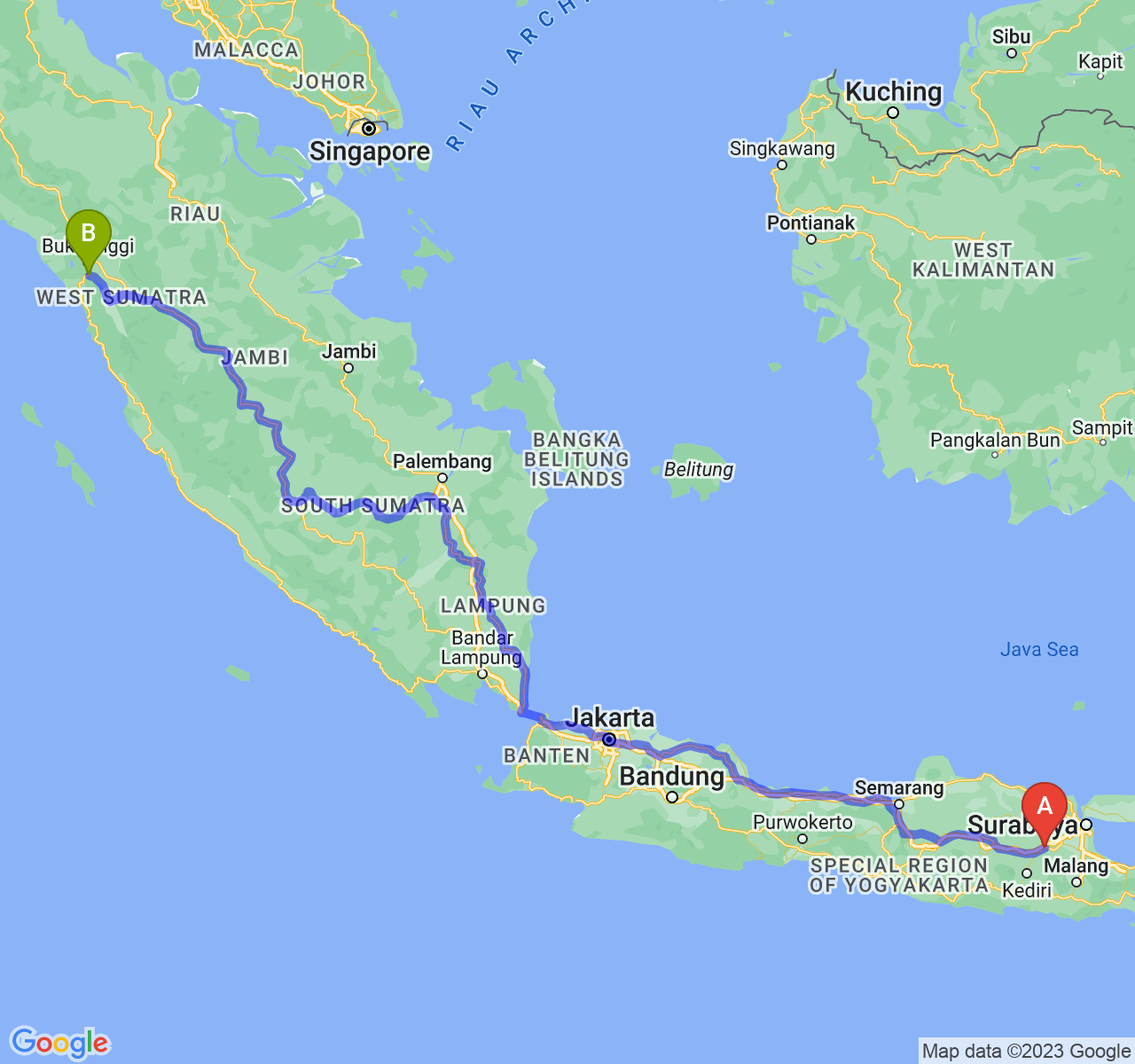 rute perjalanan Kab. Jombang-Kota Padang Panjang