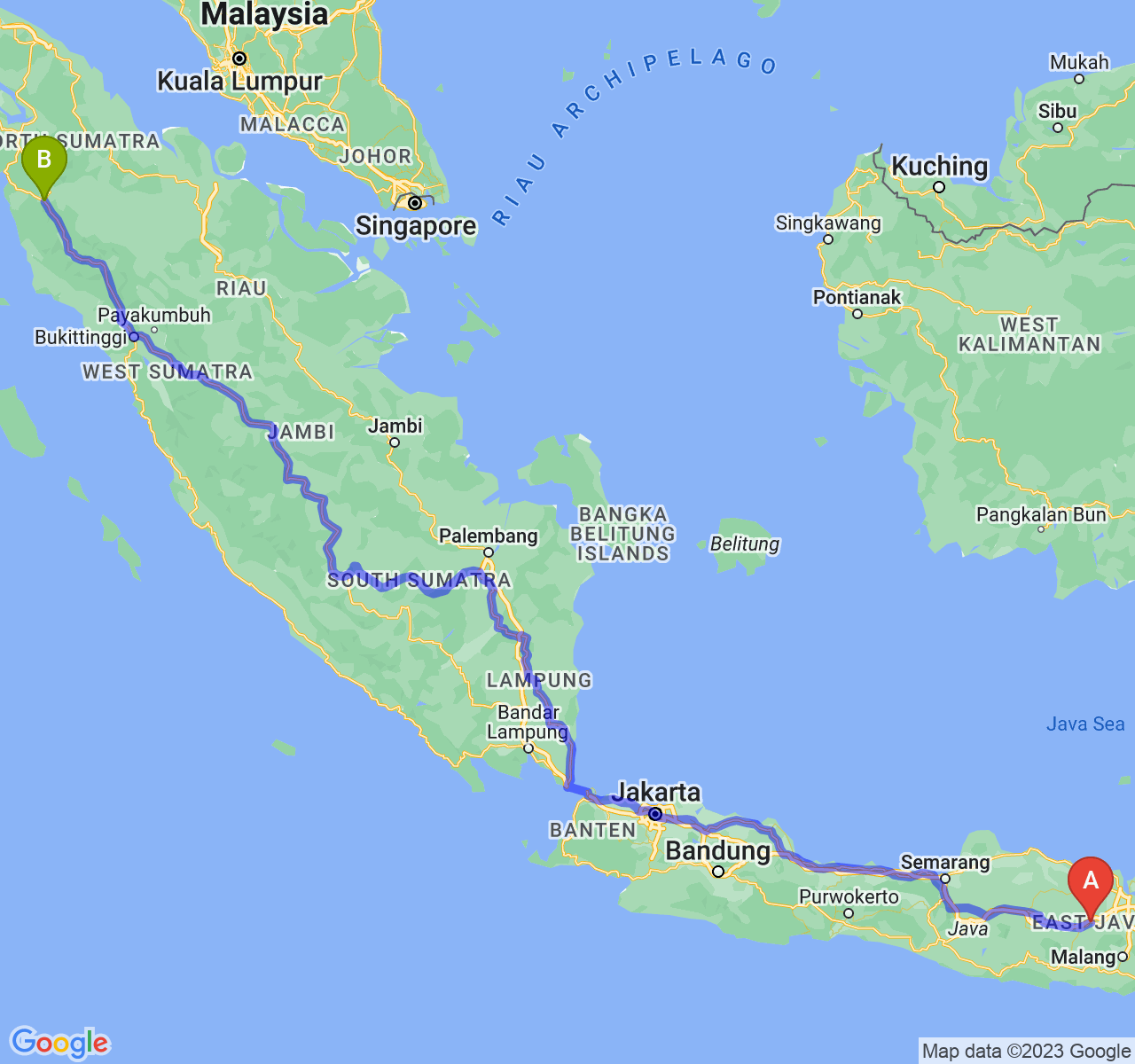 rute perjalanan Kab. Jombang-Kota Padang Sidimpuan