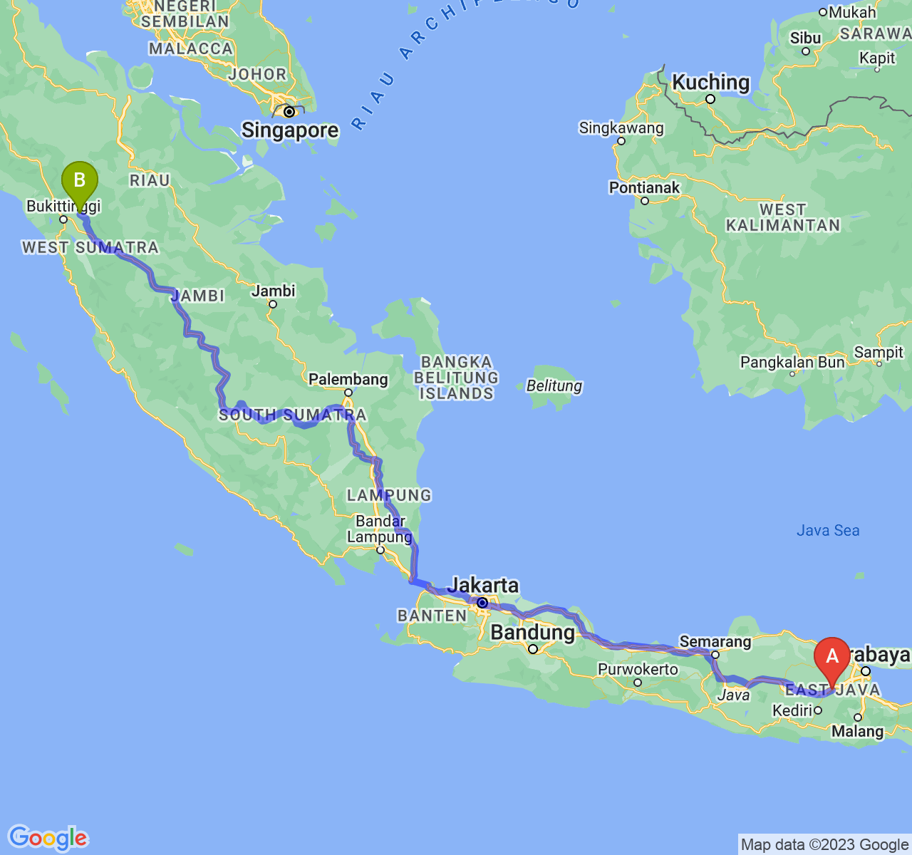 rute perjalanan Kab. Jombang-Kota Payakumbuh