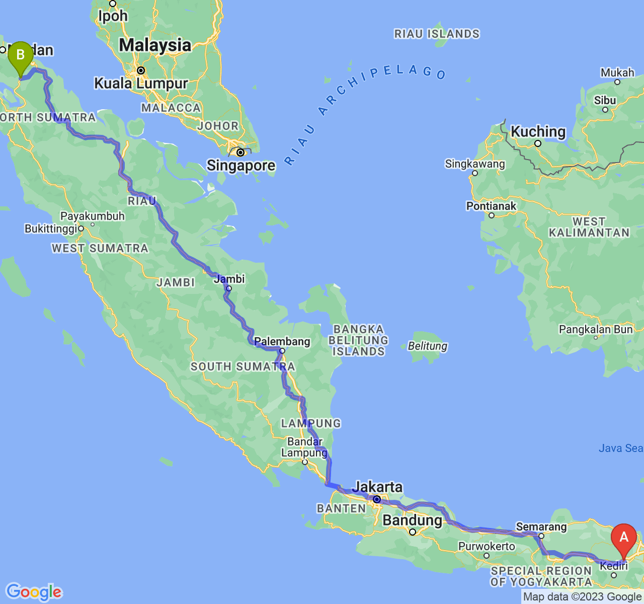 rute perjalanan Kab. Jombang-Kota Pematangsiantar