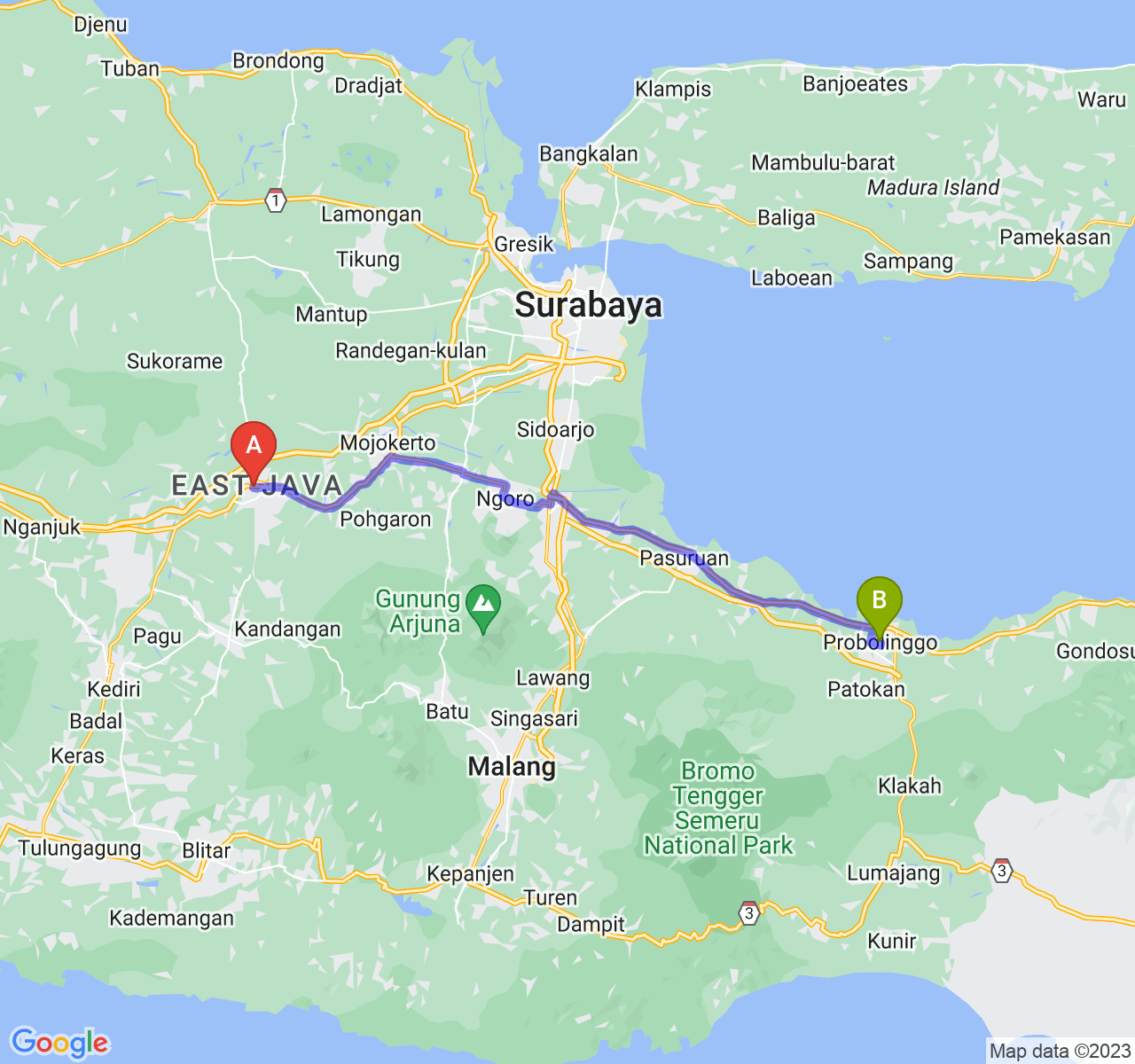 rute perjalanan Kab. Jombang-Kota Probolinggo