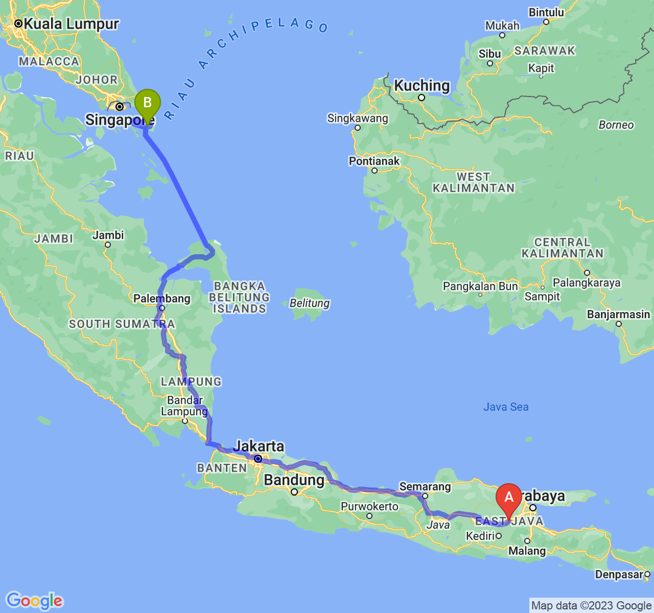 rute perjalanan Kab. Jombang-Kota Tanjungpinang