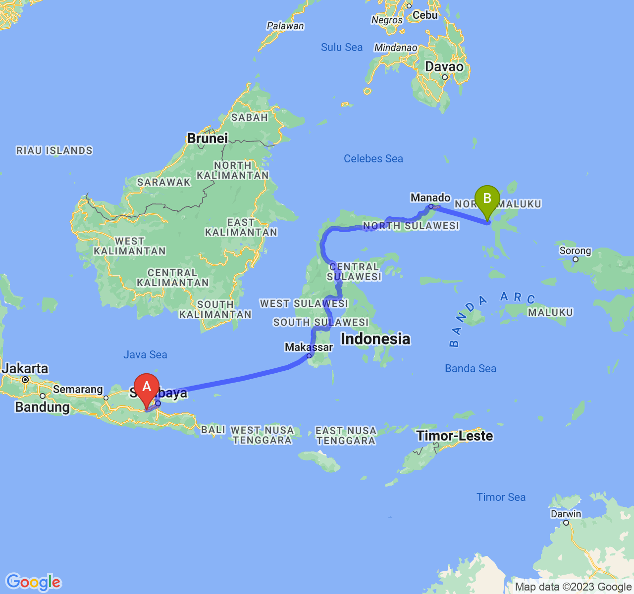 rute perjalanan Kab. Jombang-Kota Ternate