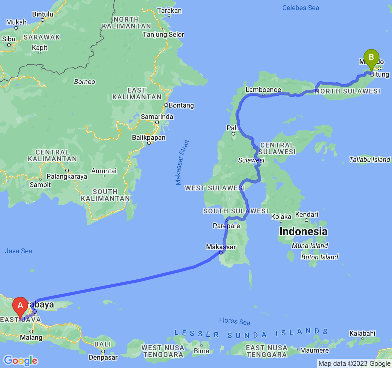 rute perjalanan Kab. Jombang-Kota Tomohon