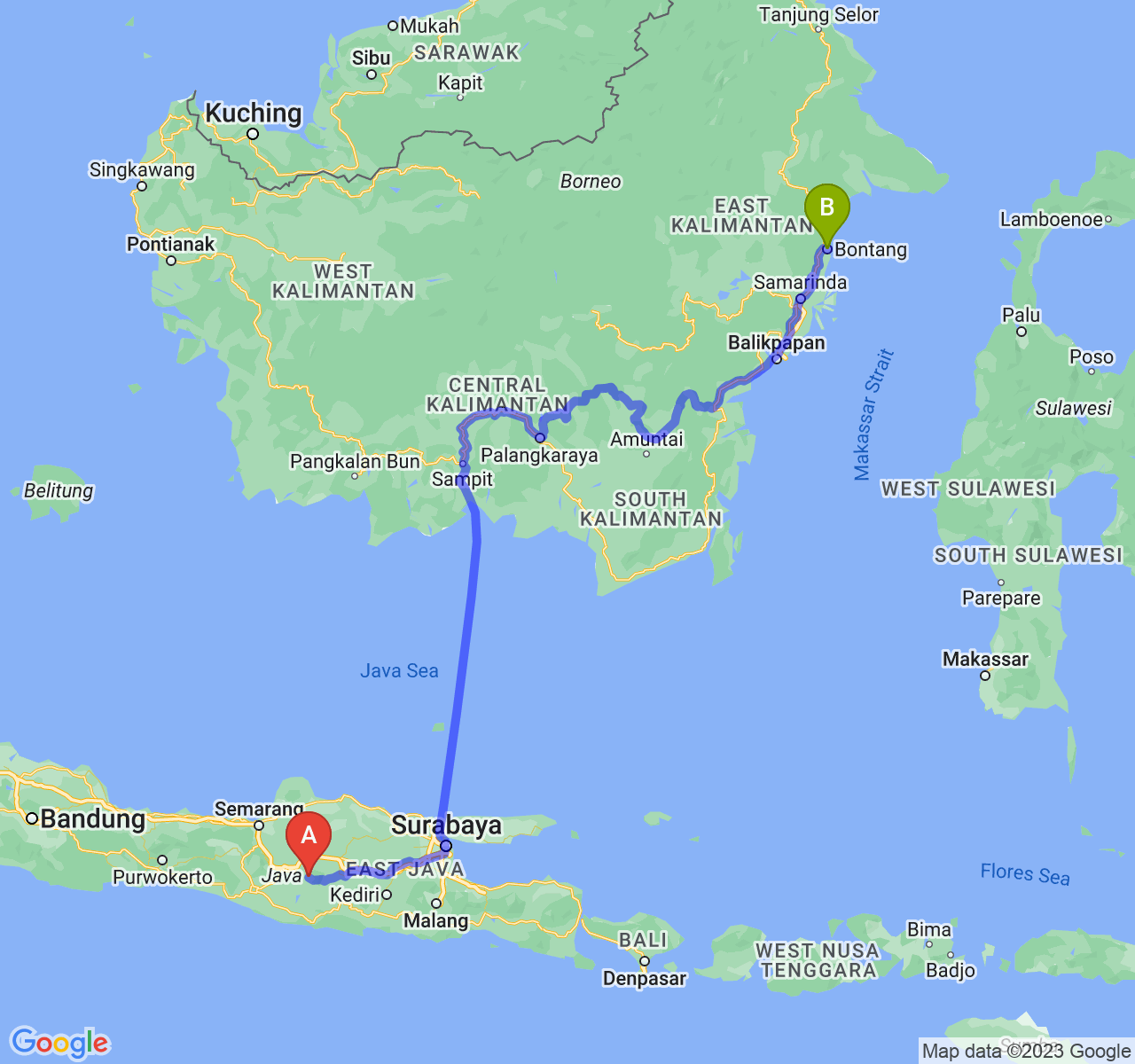 rute perjalanan Kab. Karanganyar-Kota Bontang